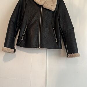 Black Leather Jacket with Cream Fur Lining Very Good Condition